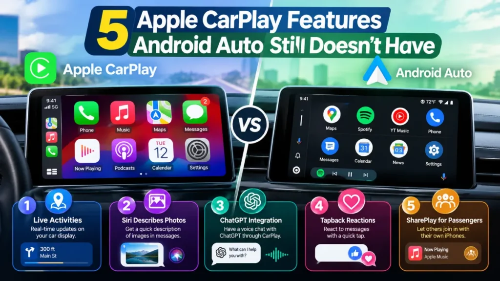 Apple CarPlay and Android Auto car displays compared, showing Live Activities on CarPlay and ongoing notifications on Android Auto.