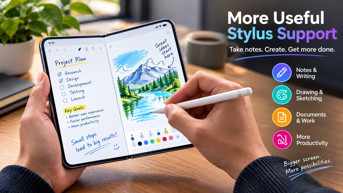 Foldable phone being used with a stylus for notes and drawing