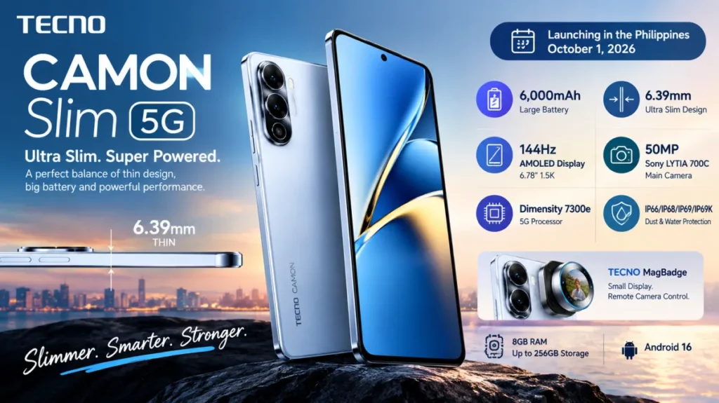 The CAMON Slim 5G pairs a slim body with a large battery, 144Hz AMOLED display, 50MP Sony camera and 5G chipset.