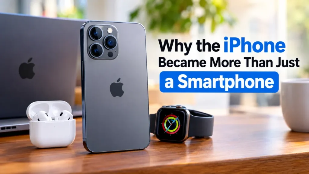 iPhone alongside Apple devices representing technology, lifestyle and social status