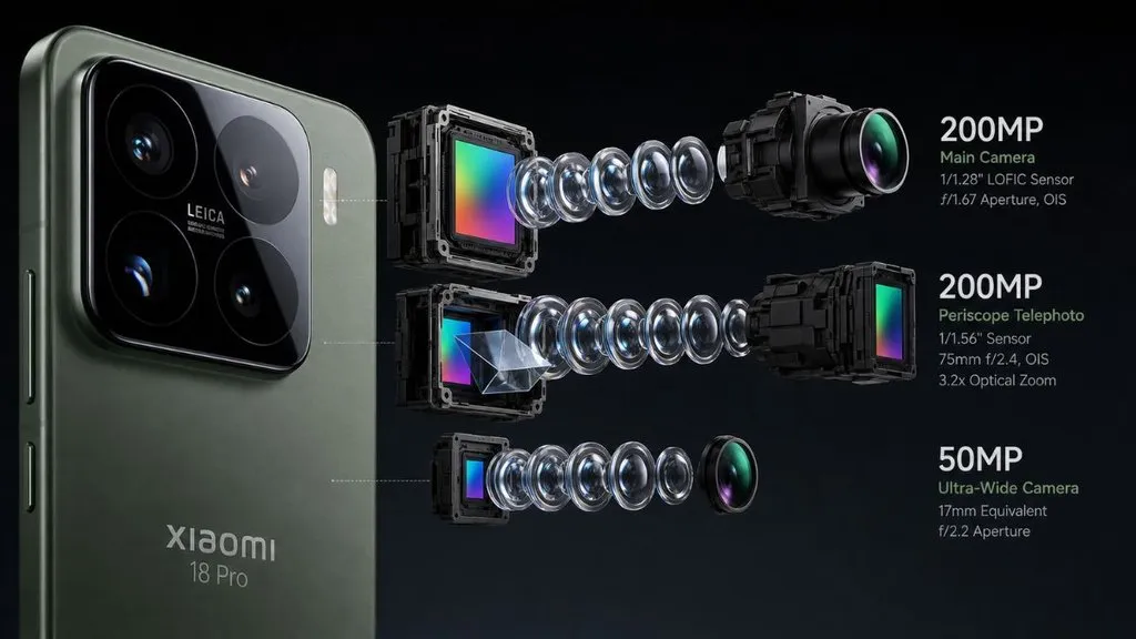 The Xiaomi 18 Pro pairs a 200MP main camera with a 200MP periscope telephoto camera.
