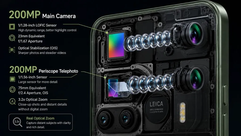 Exploded cross section of Xiaomi 18 Pro camera lenses and sensors