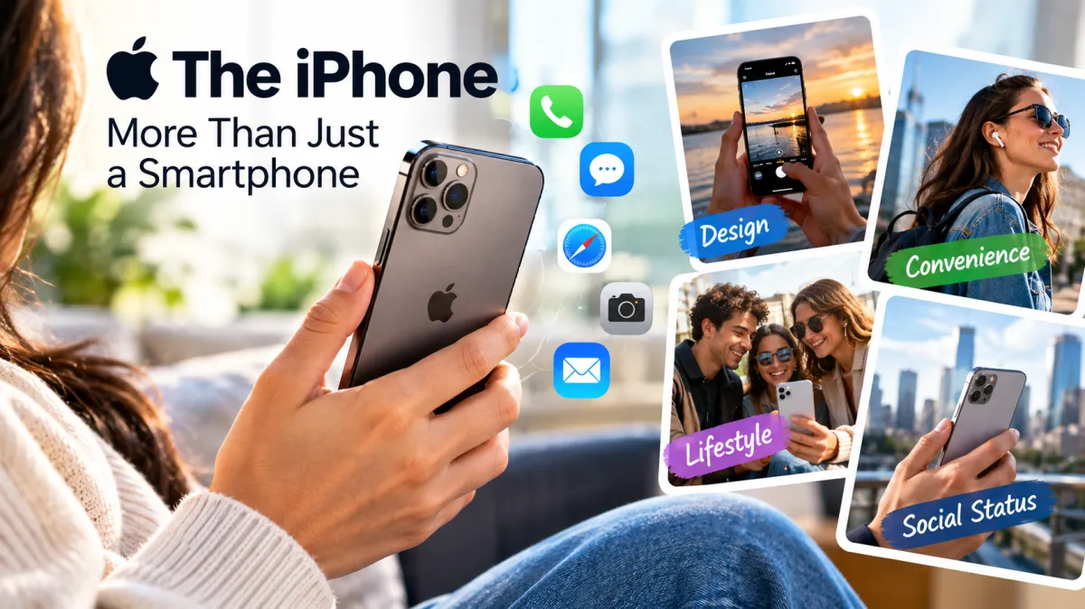 Person holding an iPhone with lifestyle images representing design convenience and social influence